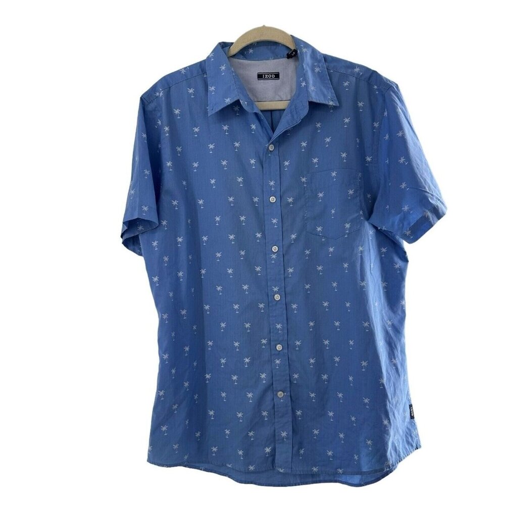 Izod Blue Short-Sleeve Button-Up Shirt With White Palm Tree Print Large Resort